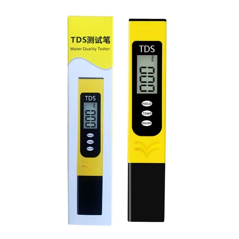 TDS tester with digital display and packaging on a white background