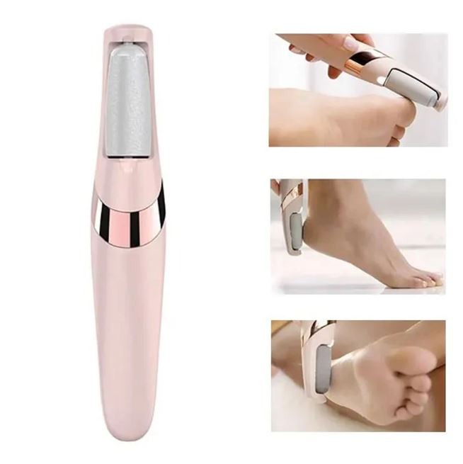 Pink and silver hair removal device with close-up images of use on feet.
