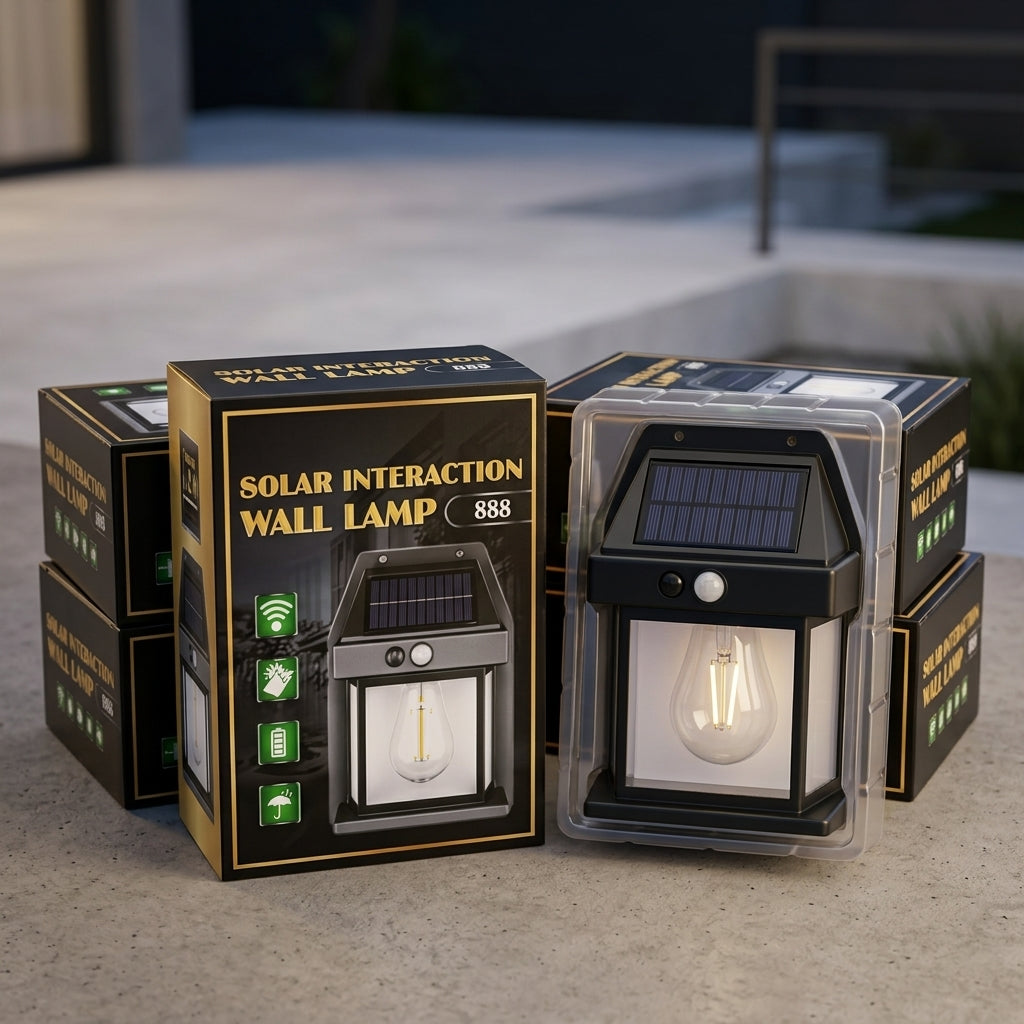 Solar interaction wall lamp in retail packaging, shown with the front product box and a clear plastic-wrapped lamp on a stone surface outdoors.