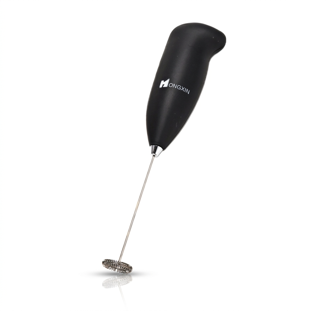 A black handheld electric milk frother with a silver metal whisker and a white printed 'MONGKIN' logo on the handle, shown on a clean white background with a subtle reflection.
