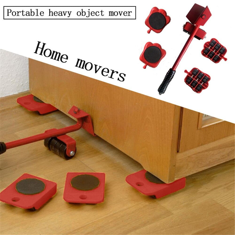 Red portable heavy object movers on a wooden floor with text 'Portable heavy object mover' and 'Home movers'.