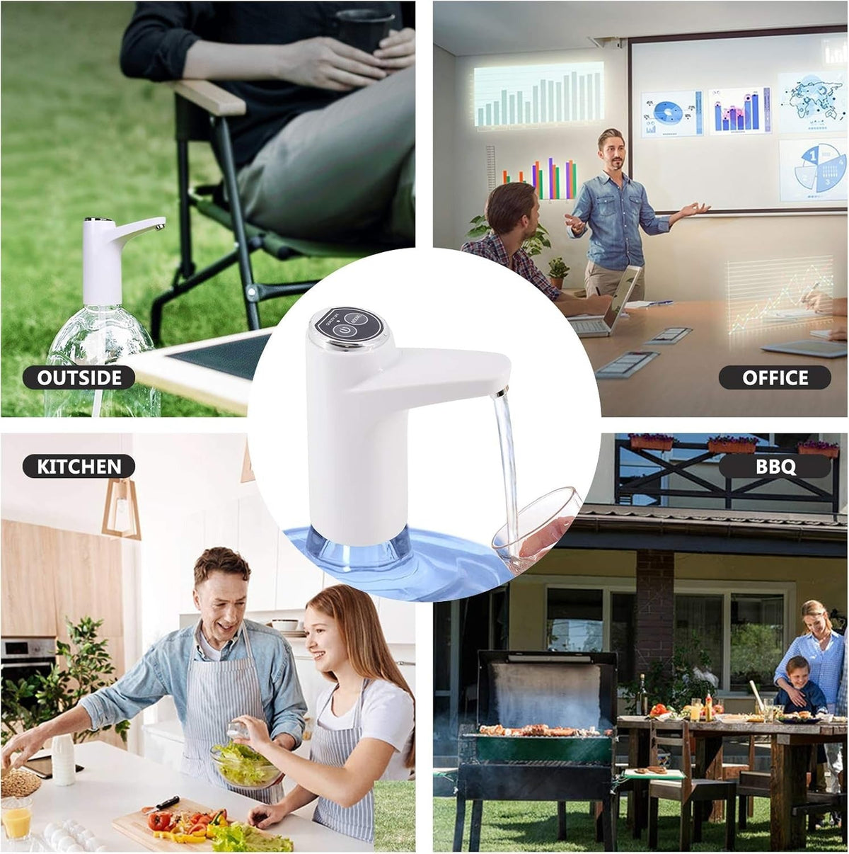 Hand soap dispenser with usage scenarios labeled 'Outside', 'Kitchen', 'Office', and 'BBQ'.