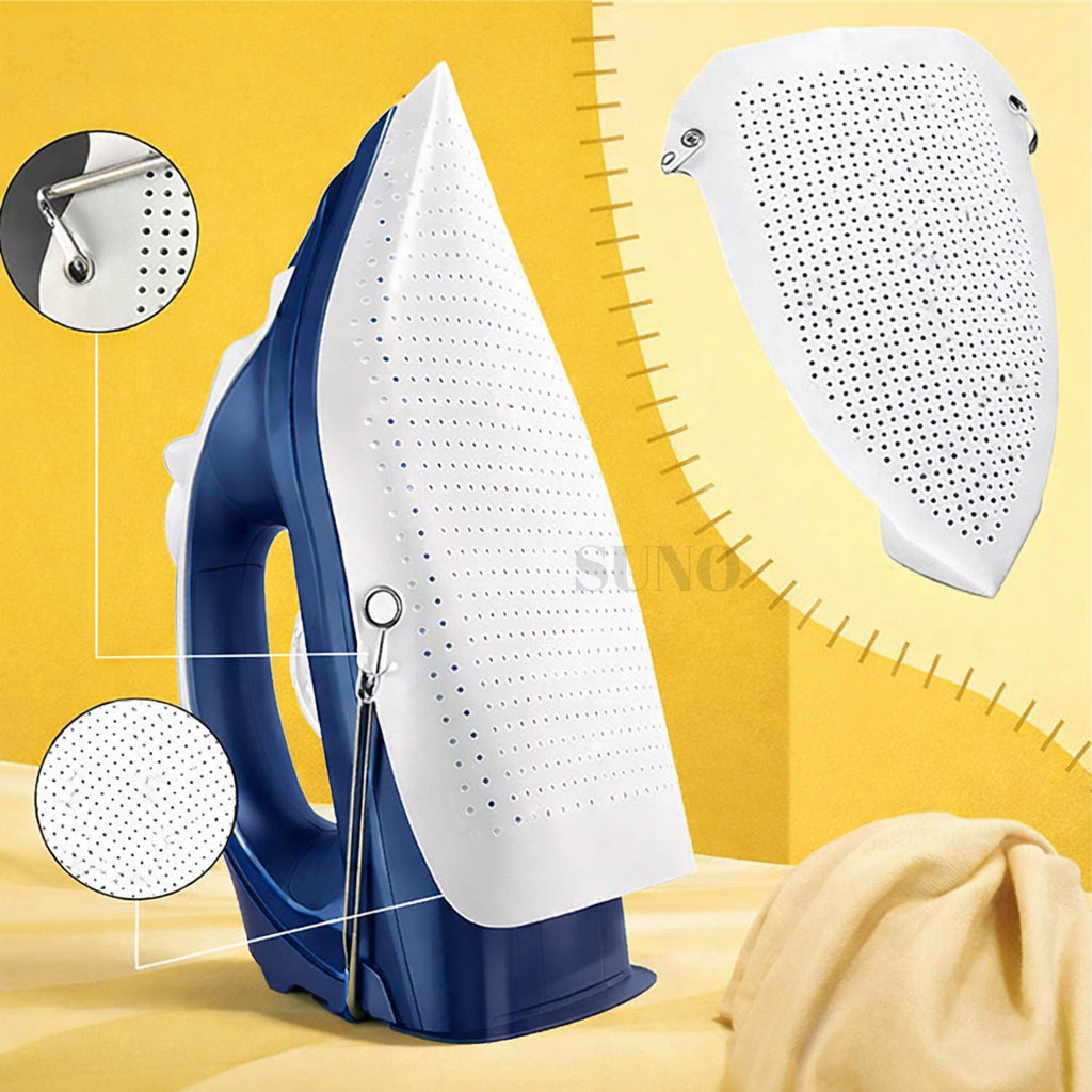 Blue and white handheld steamer with close-up details on a yellow background