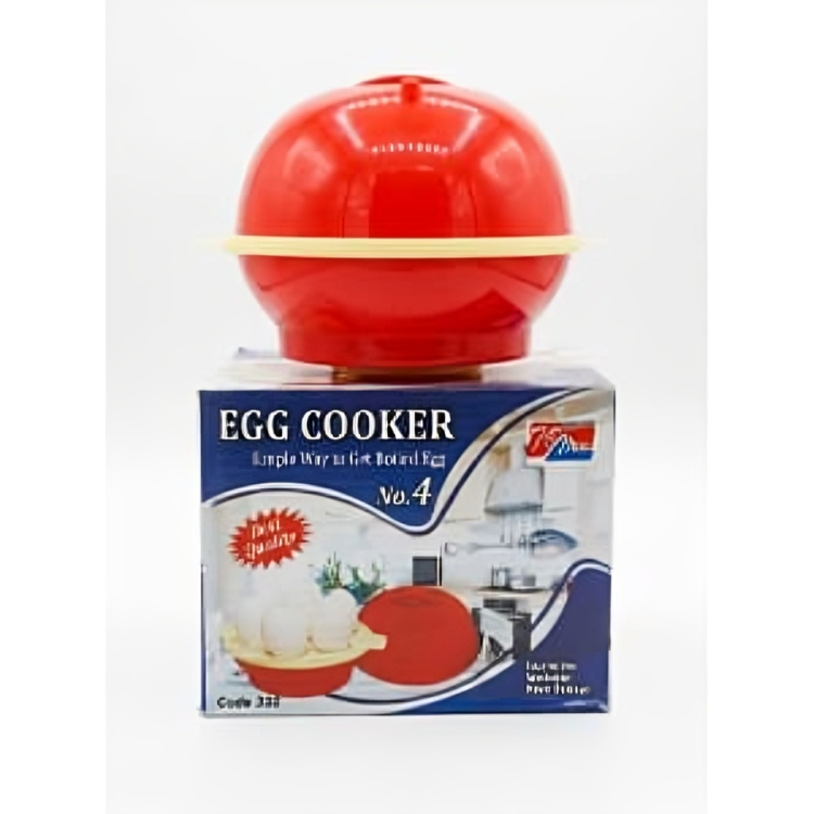 Red egg cooker on top of its packaging box with branding and product details.