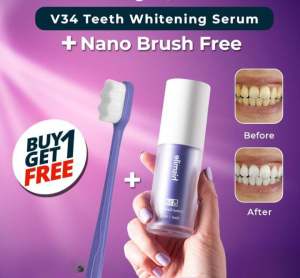 V34 Teeth Whitening Serum with a nano brush on a purple background, showing before and after effects.
