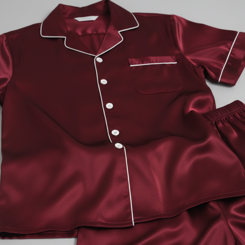 Maroon satin pajama set with white piping on a light gray background