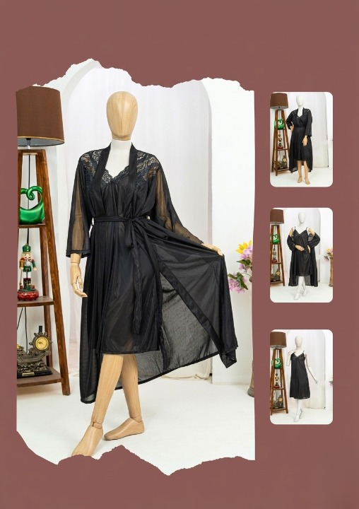 Black dress on a mannequin with inset images of the dress.