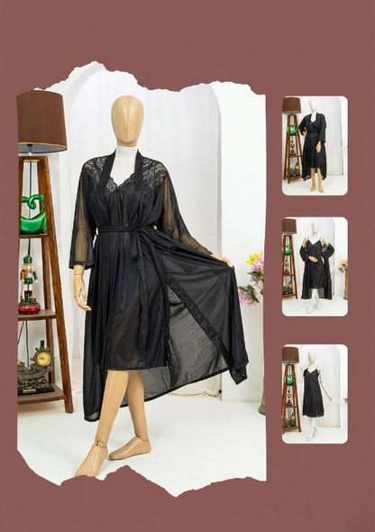 Black dress on a mannequin with inset images of the dress.