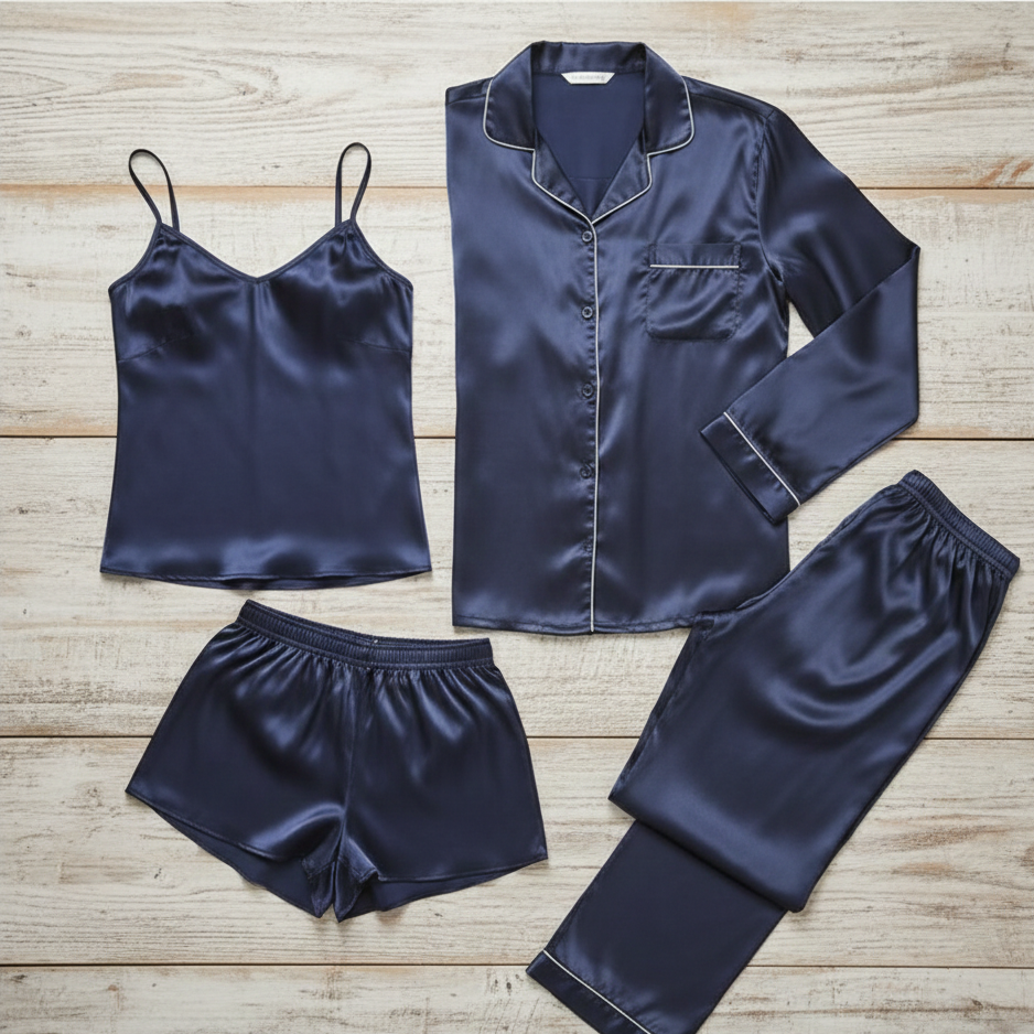 Navy satin pajama set on a wooden surface
