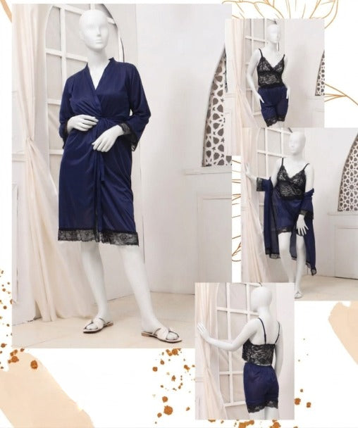 Navy satin robe with lace trim on a mannequin against a white curtain.