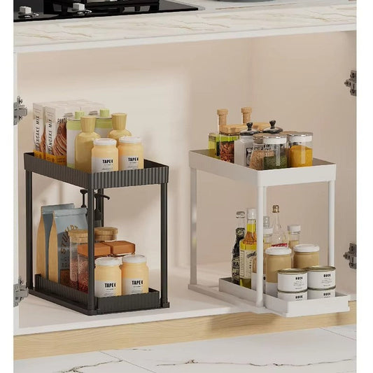 Kitchen cabinet with spice racks and food items on a neutral background