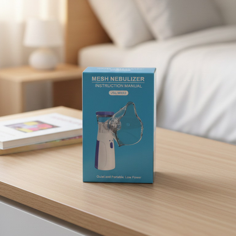 Mesh nebulizer instruction manual box on a wooden surface with a blurred background