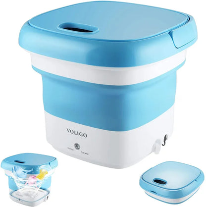 Blue and white portable washing machine with additional small containers on a white background
