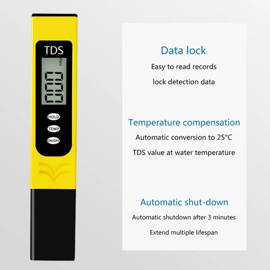 TDS meter with digital display on a gray background