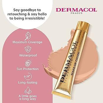 Dermacol makeup cover product with features listed on a pink background