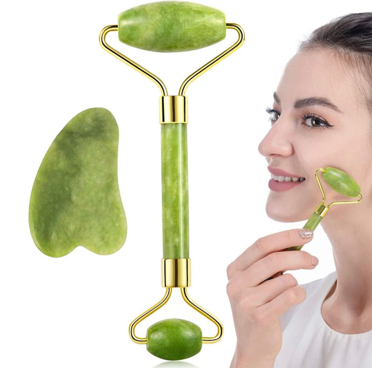 Green facial roller and gua sha tool with a woman using it on her face.