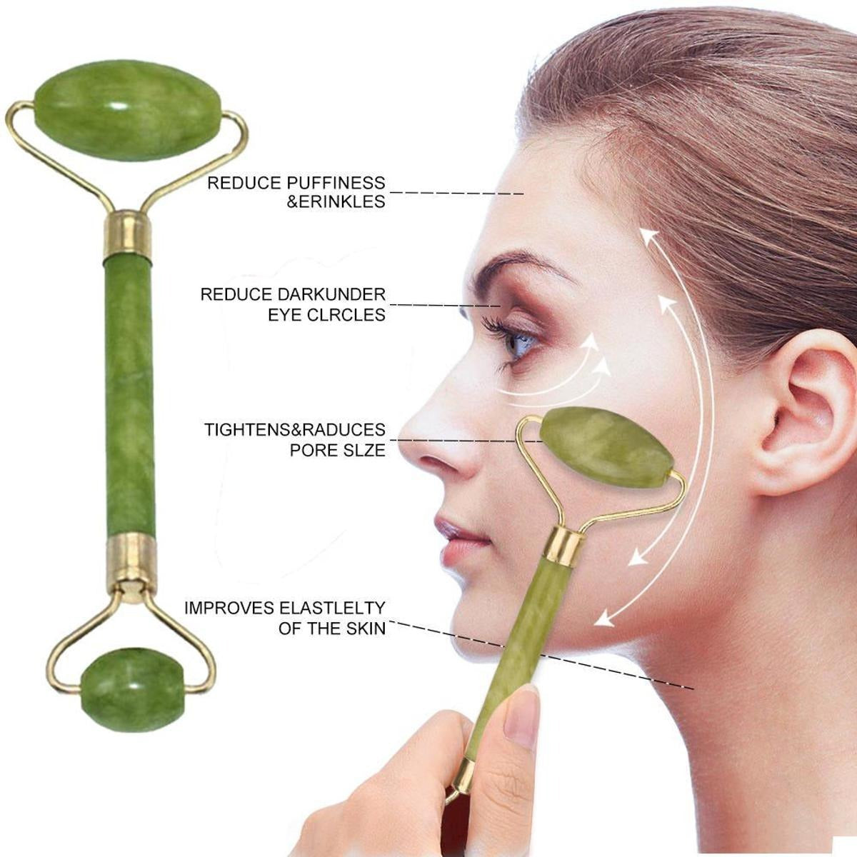 Woman using a green jade roller on her face with labeled benefits.