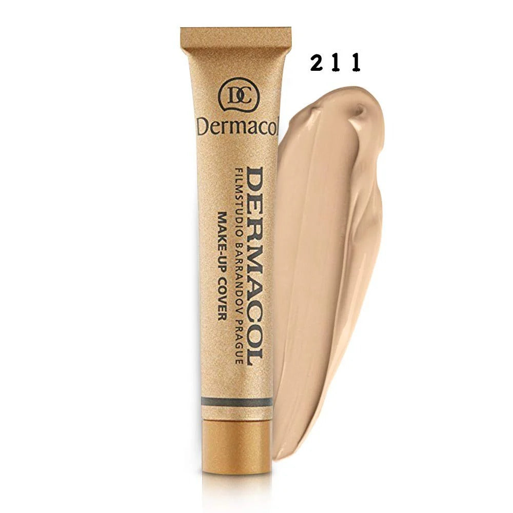 Dermacol makeup cover tube with a swatch on a white background