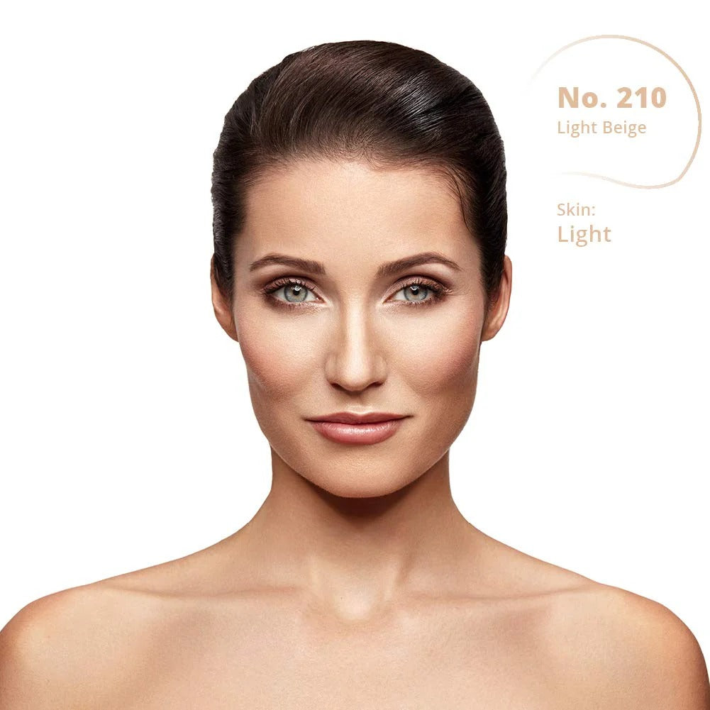 Model with light skin tone on a white background, featuring color swatch No. 210 Light Beige.