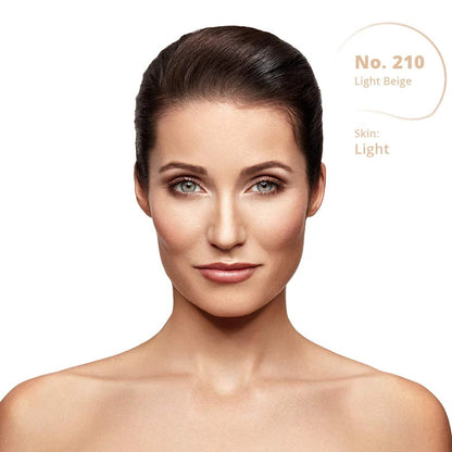 Model with light skin tone on a white background, featuring color swatch No. 210 Light Beige.