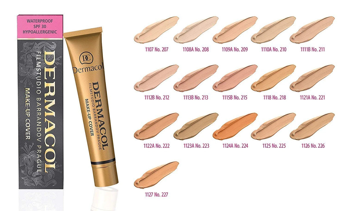 Dermacol makeup product with color swatches on a white background