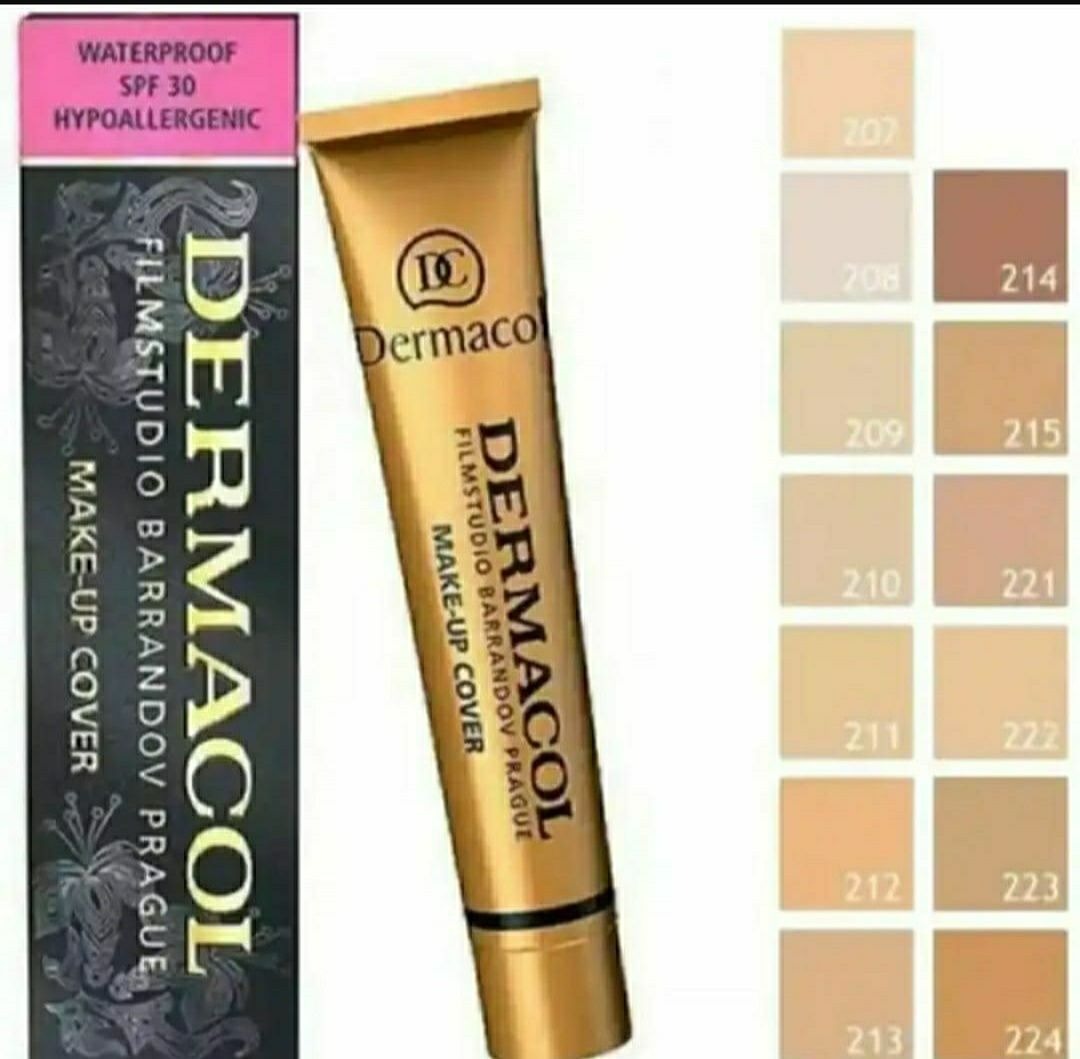 Dermacol makeup cover tube and packaging with color swatches on a white background