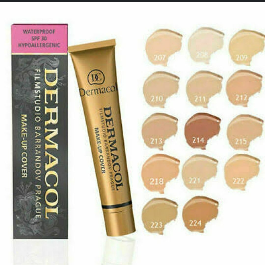 Dermacol makeup cover tube with color swatches on a white background