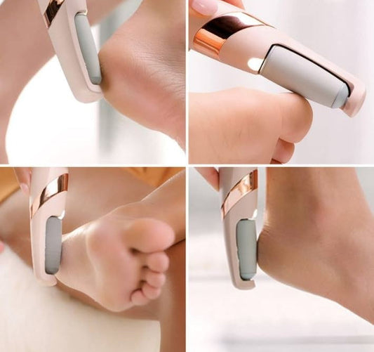 Collage of a handheld device being used on a foot, with close-up shots showing the device in action.