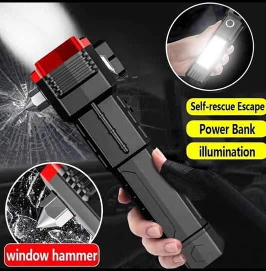 Window hammer with flashlight功能, self-rescue escape, power bank, and illumination features.