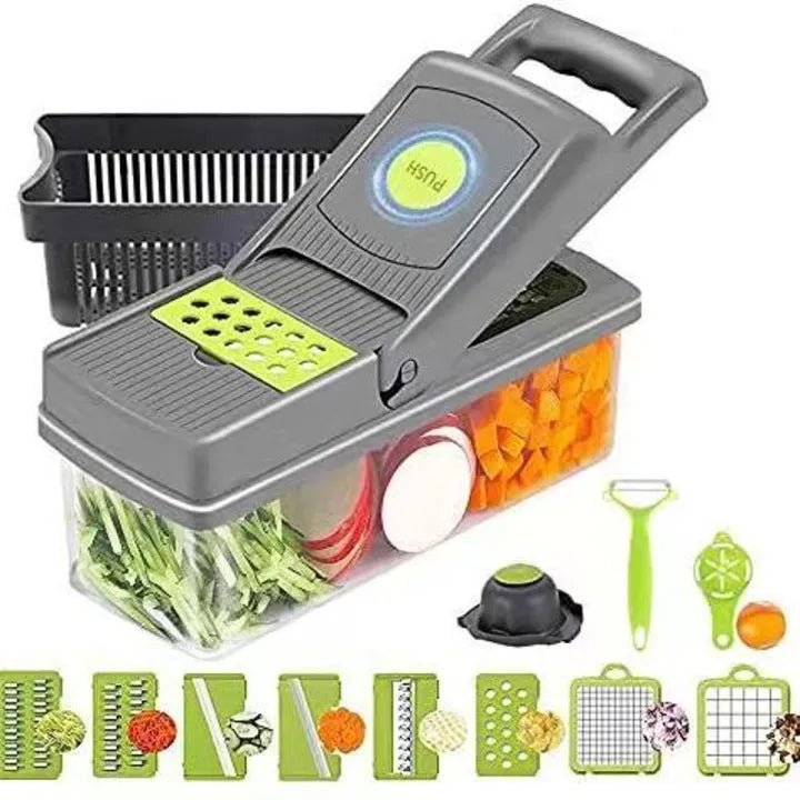 Multifunctional kitchen tool with various attachments for cutting vegetables on a white background