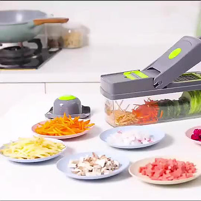 Vegetable peeler with sliced vegetables on a kitchen counter