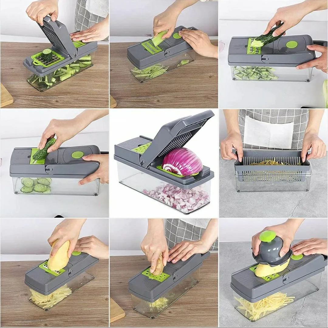Collage of a person using a multi-functional kitchen tool to slice various vegetables.