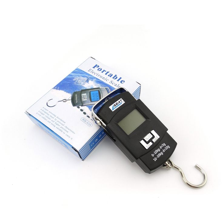 Digital fishing scale with a hook on a white background
