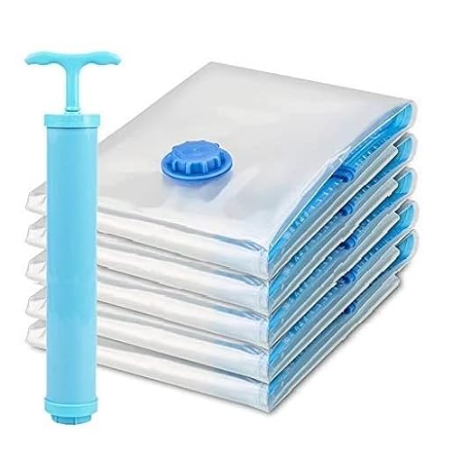 Stack of clear vacuum seal bags with blue pump on a white background