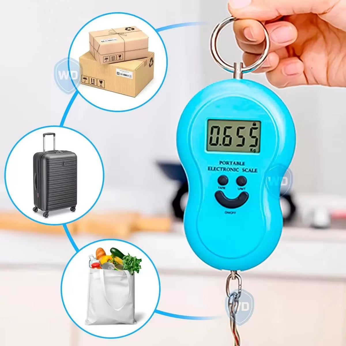 Blue portable electronic scale with digital display, held by a hand, with icons of boxes, luggage, and groceries in the background.