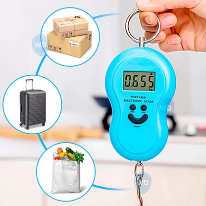 Blue portable electronic scale with digital display, held by a hand, with icons of boxes, luggage, and groceries in the background.