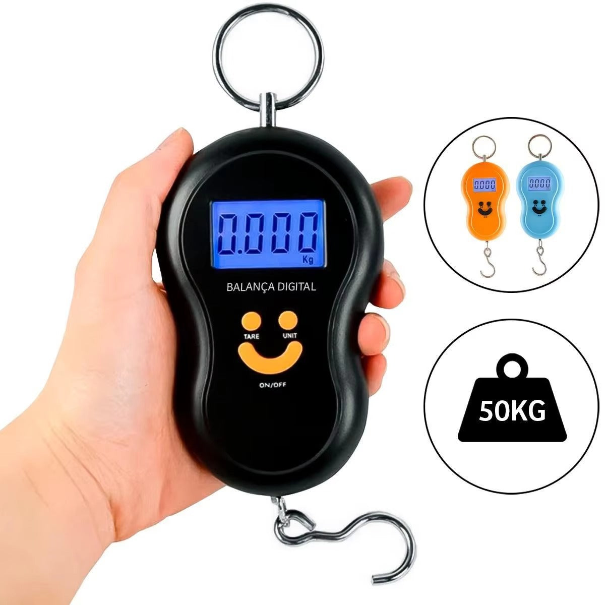 Digital luggage scale held by a hand with additional images of similar scales and weight limit indicator.