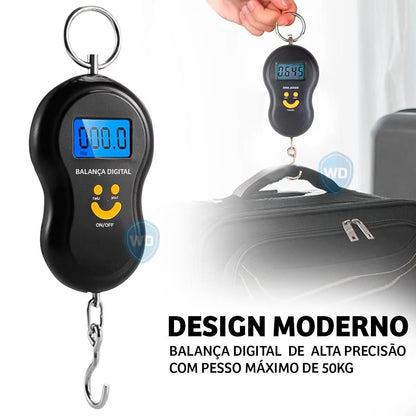 Digital luggage scale with a smiley face design, held above a suitcase.