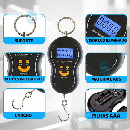 Digital fishing scale with features highlighted on a white background