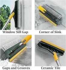 Four-panel collage showing a yellow and gray cleaning brush with a flexible bristle head used for different hard-to-reach areas: window sill gap, corner of sink, gaps and grooves, and ceramic tile.