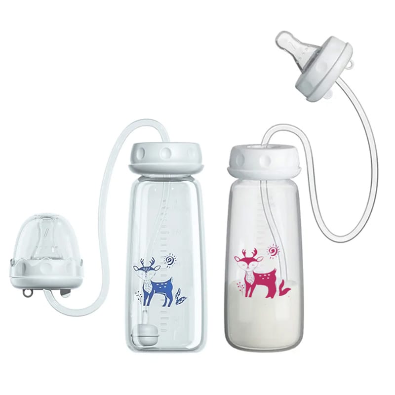 Clear baby bottles with animal illustrations on a white background