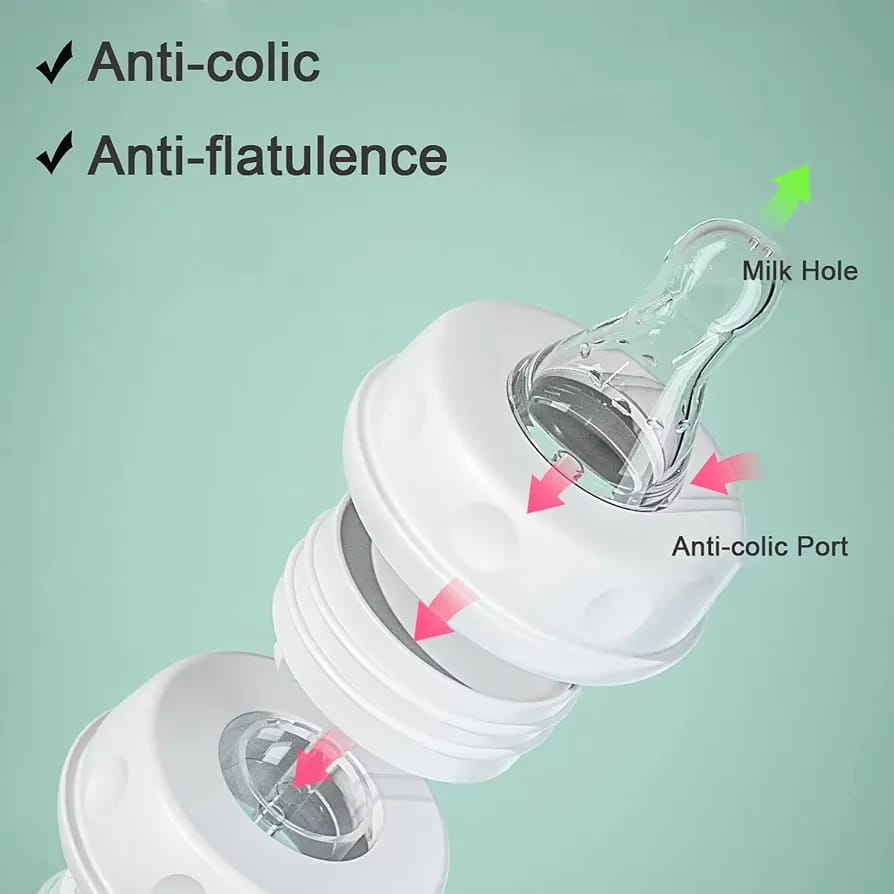 Baby bottle with labeled anti-colic and anti-flatulence features on a light green background