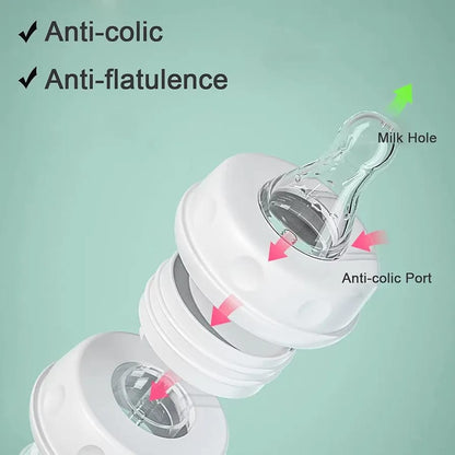 Baby bottle with labeled anti-colic and anti-flatulence features on a light green background