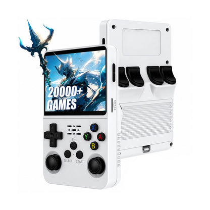 A white portable retro game console shown from the front and back on a clean white background. The front view displays a colorful screen with game artwork and the text '20000+ GAMES', along with black controls including a D-pad, analog sticks, and colored action buttons.