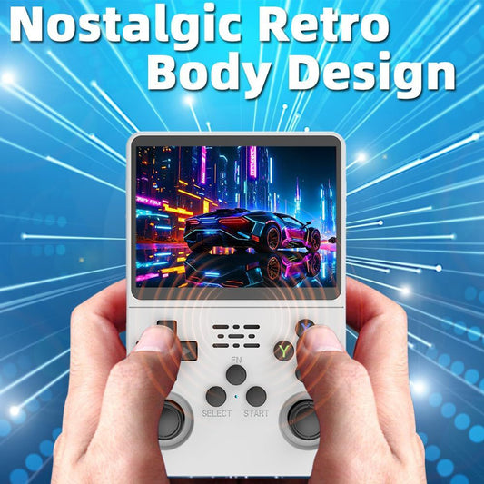 A retro-style handheld gaming console with a screen showing a neon city scene, held by two hands against a blue futuristic lightburst background with the text 'Nostalgic Retro Body Design'.