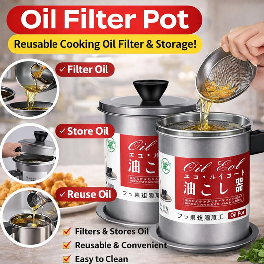 Oil Filter Pot with reusable cooking oil filter and storage features, shown with a hand pouring oil.