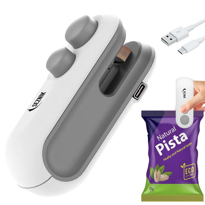 White and gray electronic device with USB cable, and a purple 'Natural Pista' snack package on a white background.
