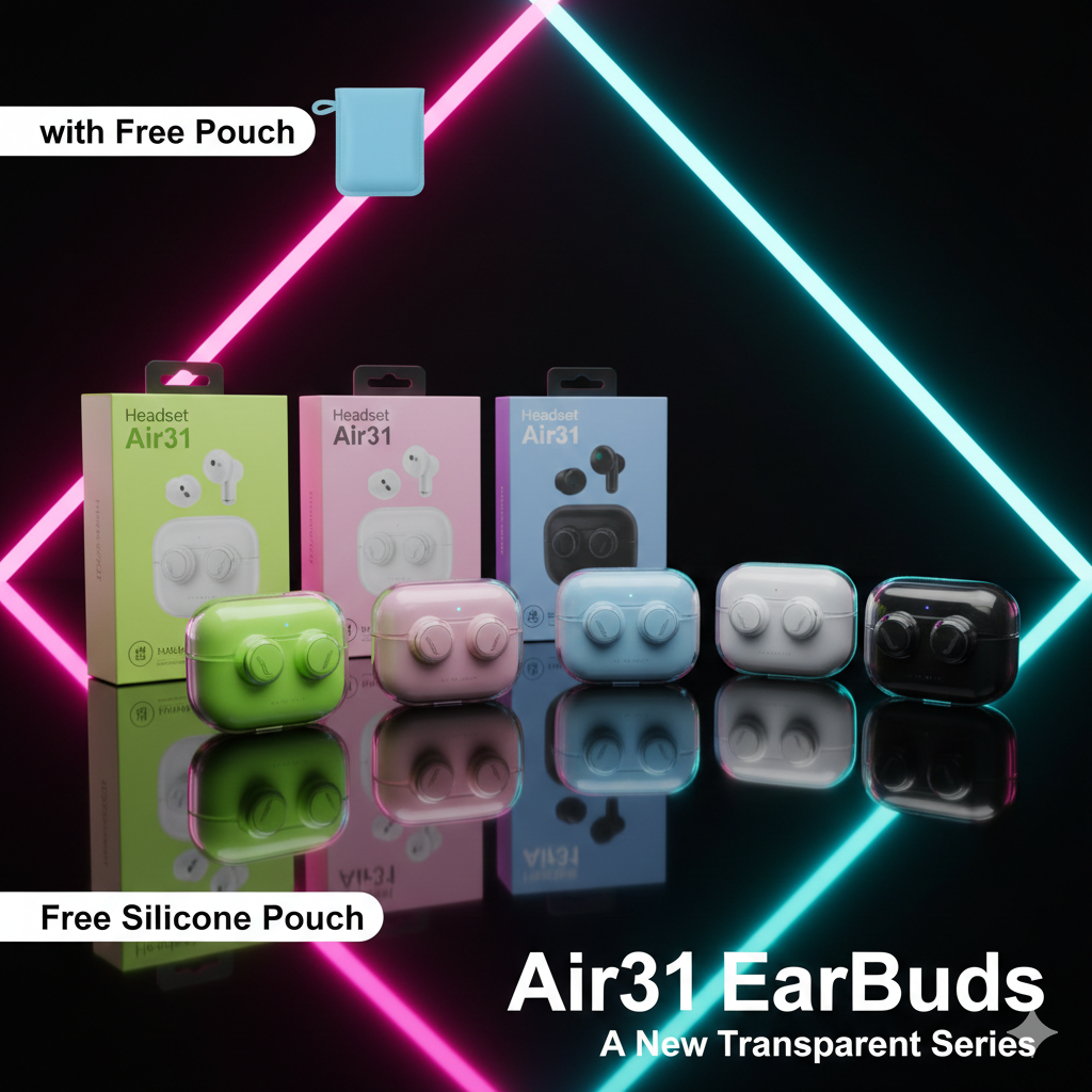 Air31 EarBuds with packaging and free pouch on a reflective surface with neon lights.