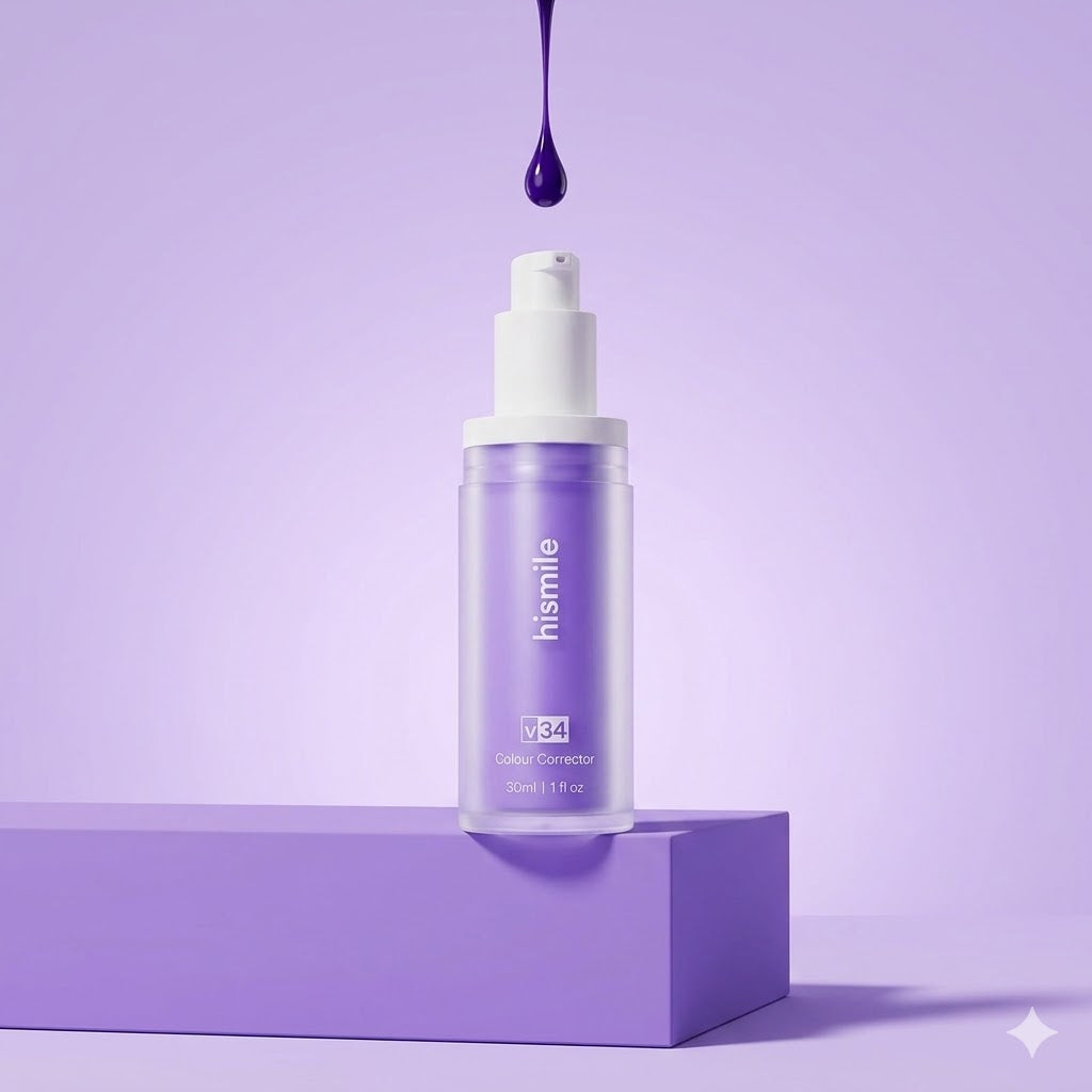 A bottle of hismile Color Corrector in a translucent lavender-purple bottle with a white pump, displayed on a matching lavender pedestal with a purple liquid droplet dripping above it.