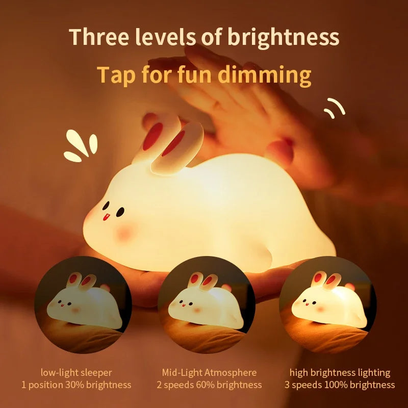 Children's night light shaped like a rabbit with three brightness levels indicated.